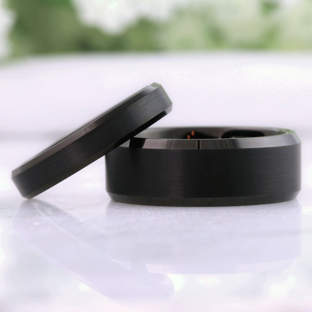 Matching matte black tungsten couples ring set with beveled edges, 8mm and 4mm