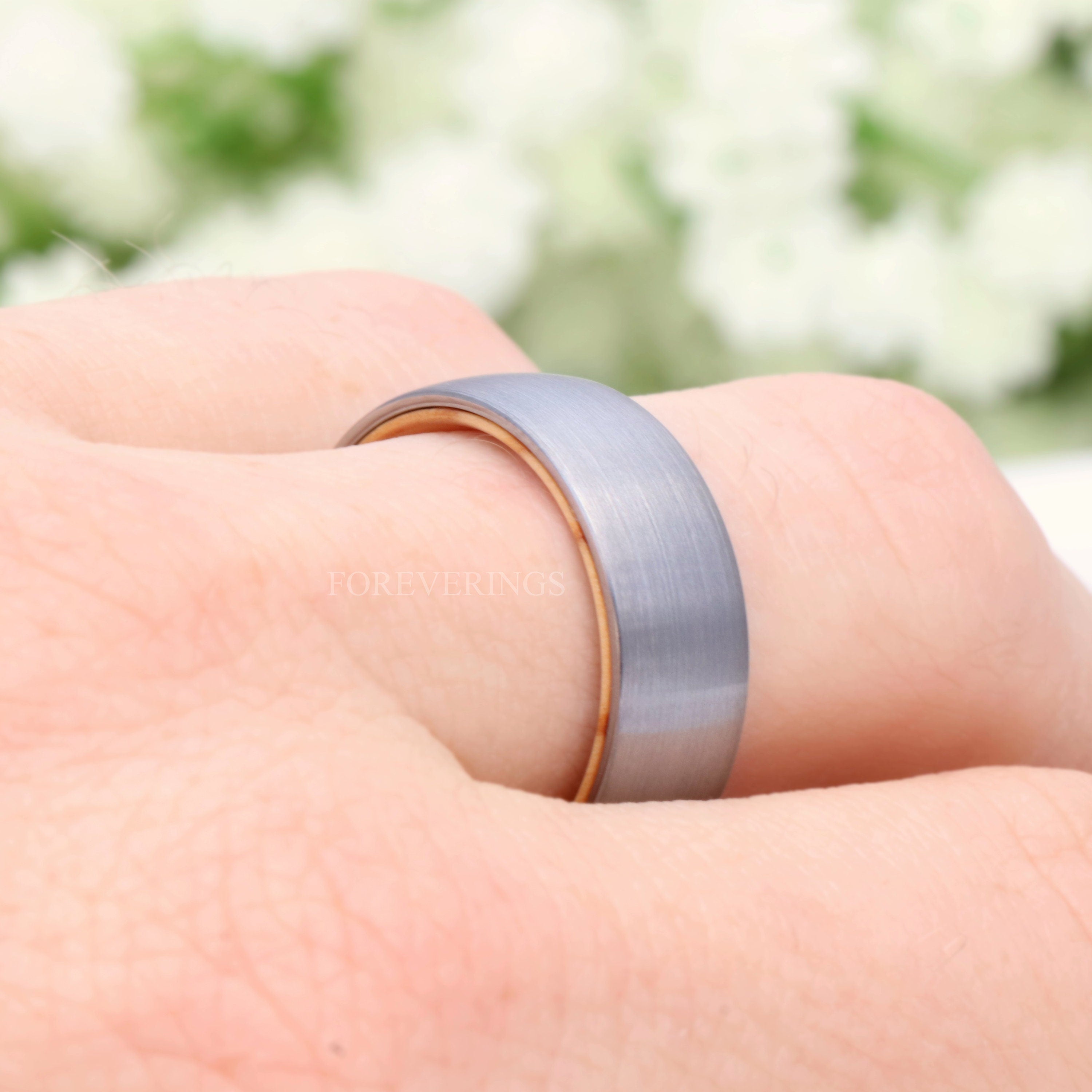 Olive Wood and Tungsten Wedding Band, 8mm Silver Band, No Plating, Matte Brushed, Comfort Fit, Dome, Birthday Anniversary Gift for Him
