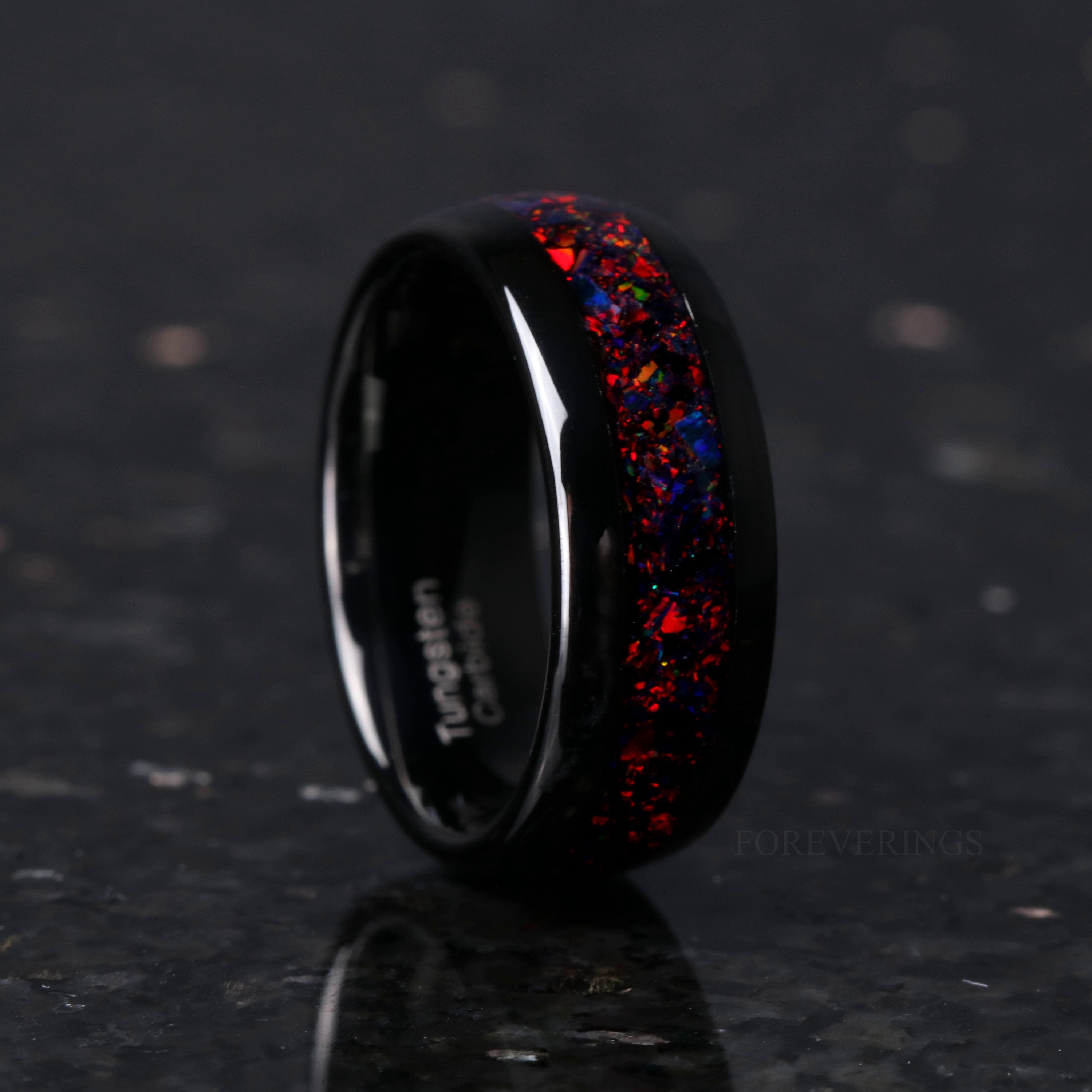 His and Hers Tungsten Wedding Band, Crushed Black Fire Opal Ring, 8mm & 4mm Black Tungsten Ring Set, Couples Ring, Polish, Dome, Comfort Fit