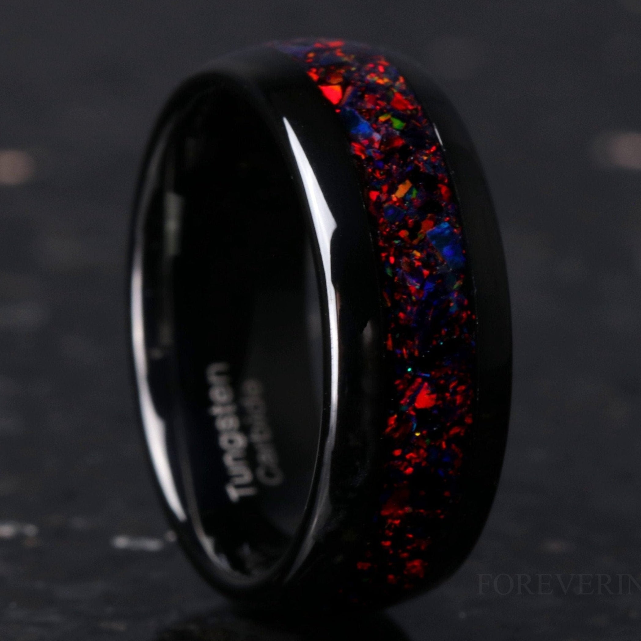 Black Opal Tungsten Ring, Black Wedding Band, 8mm-6mm-4mm, Man Woman Band, Black Fire Opal, Polished, Dome, Black and Red Ring, Engraving
