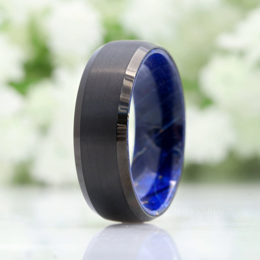 Blue Elder Wood and Tungsten Wedding Band, 8mm Black Ring, Brushed Matte, Dome, Comfort Fit, Beveled Edge, Gift for Him