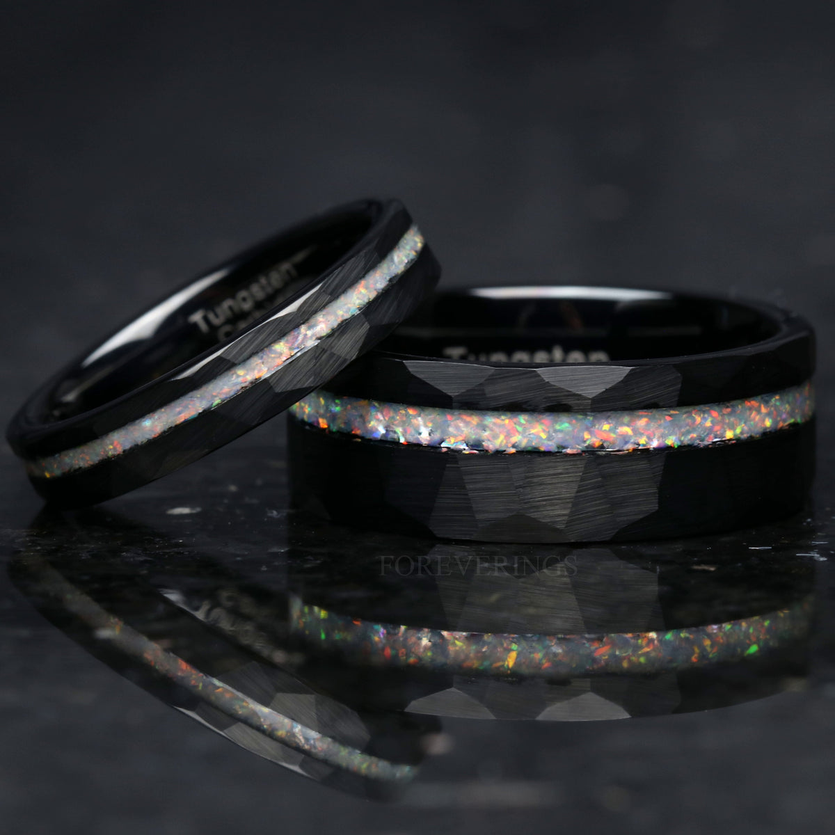 Matching black hammered tungsten couples ring set with a white fire opal stripe, 8mm and 4mm
