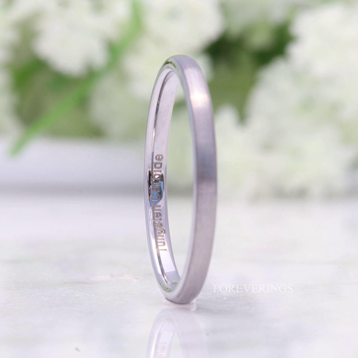 2mm domed brushed silver tungsten band standing upright