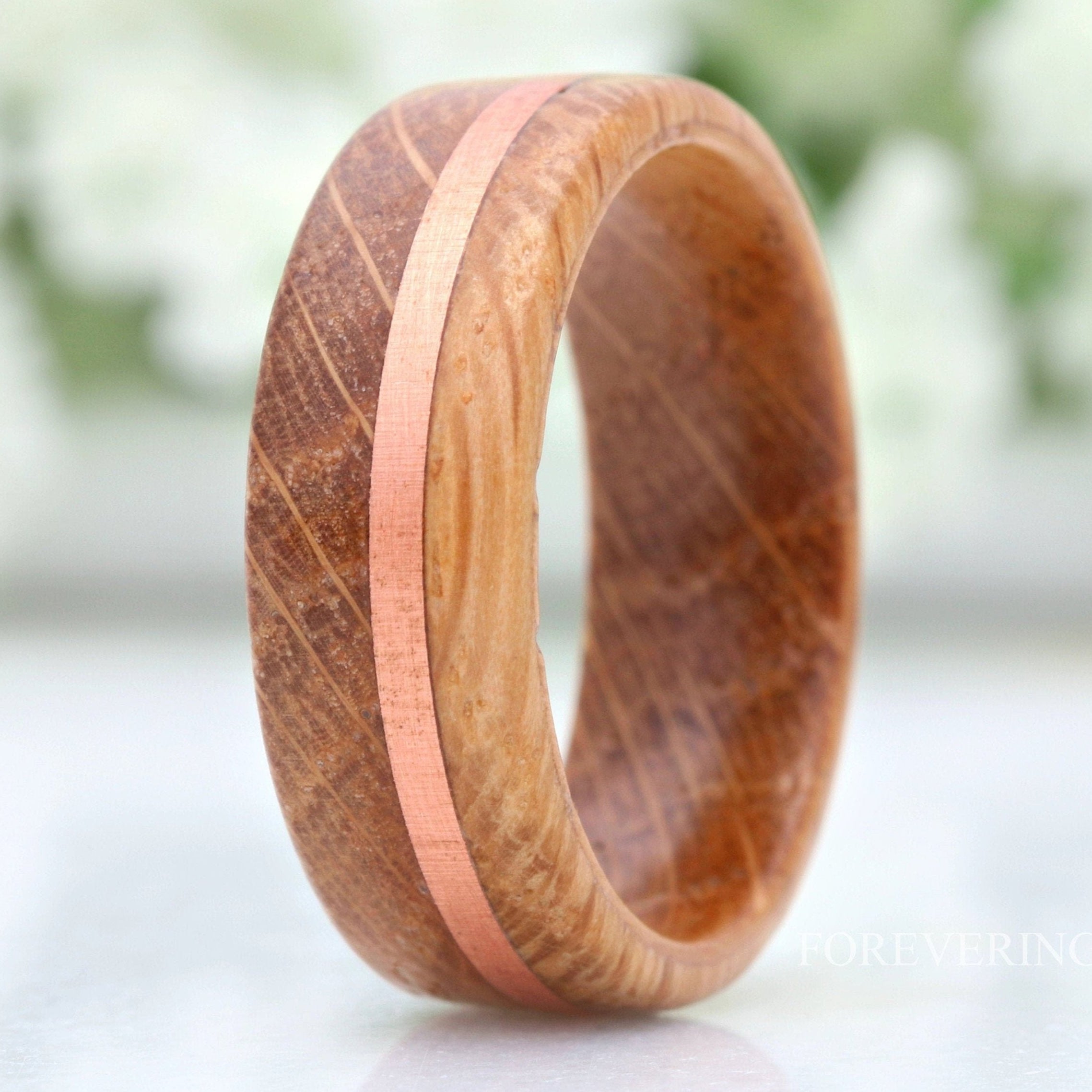 8mm Whiskey Barrel Ring, Men Wood Wedding Band, Wood Ring with Copper Inlay, Polished, Comfort Fit, Flat, Birthday Anniversary Gift for Him