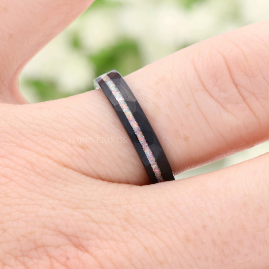 White Fire Opal Wedding Ring | 4mm Crushed Inlay Black Tungsten Band