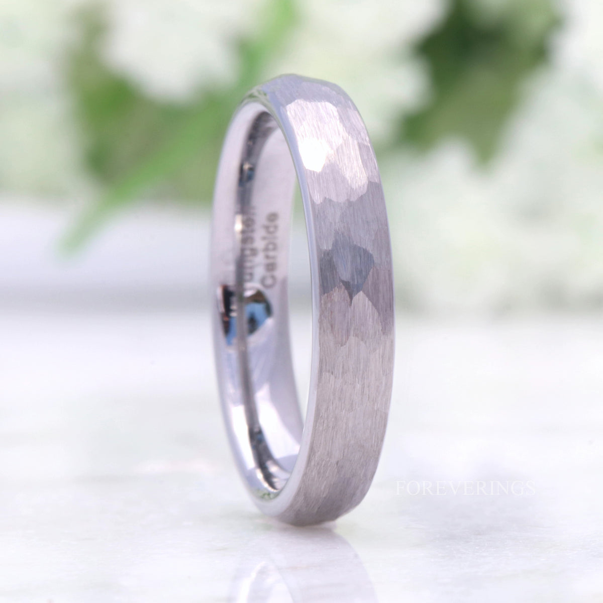 4mm hammered silver tungsten band angled to show the inside