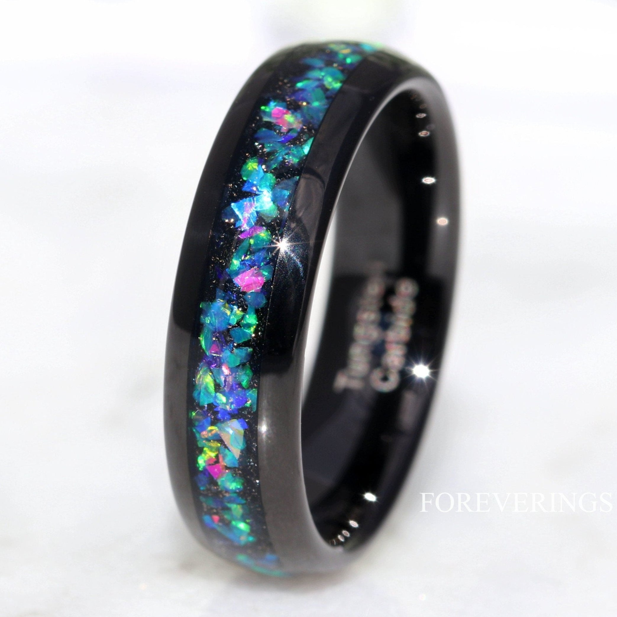Galaxy Opal Ring, Black Tungsten Wedding Band, 6mm Band, Men Women Ring, Domed, Polished, Comfort Fit, Birthday Anniversary Gift for Him