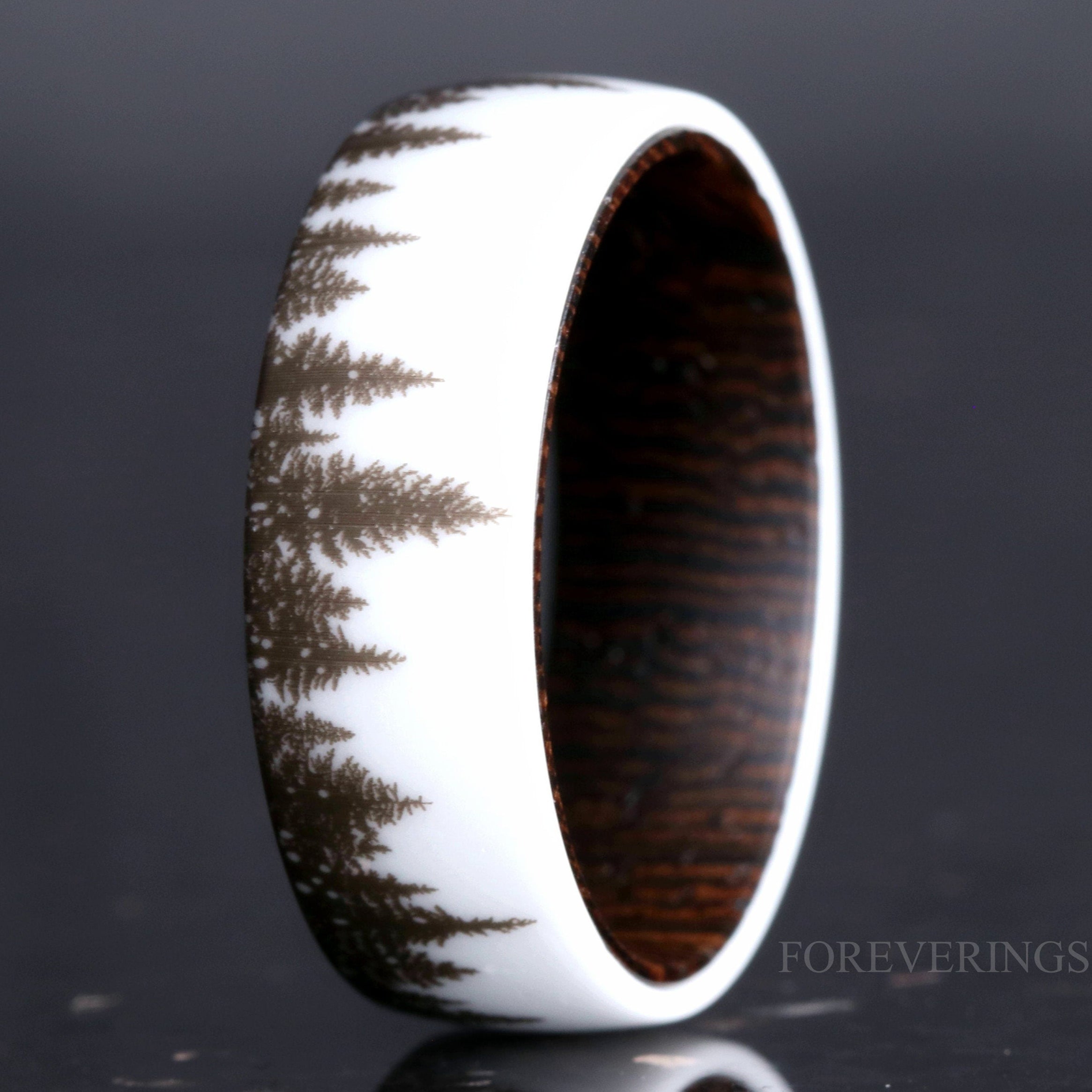 Men White Forest Tree Ring with Dark Wood, Mens Wedding Band, 8mm-6mm, Nature Landscape of Forest Trees Ring, Comfort Fit, Dome, Polish