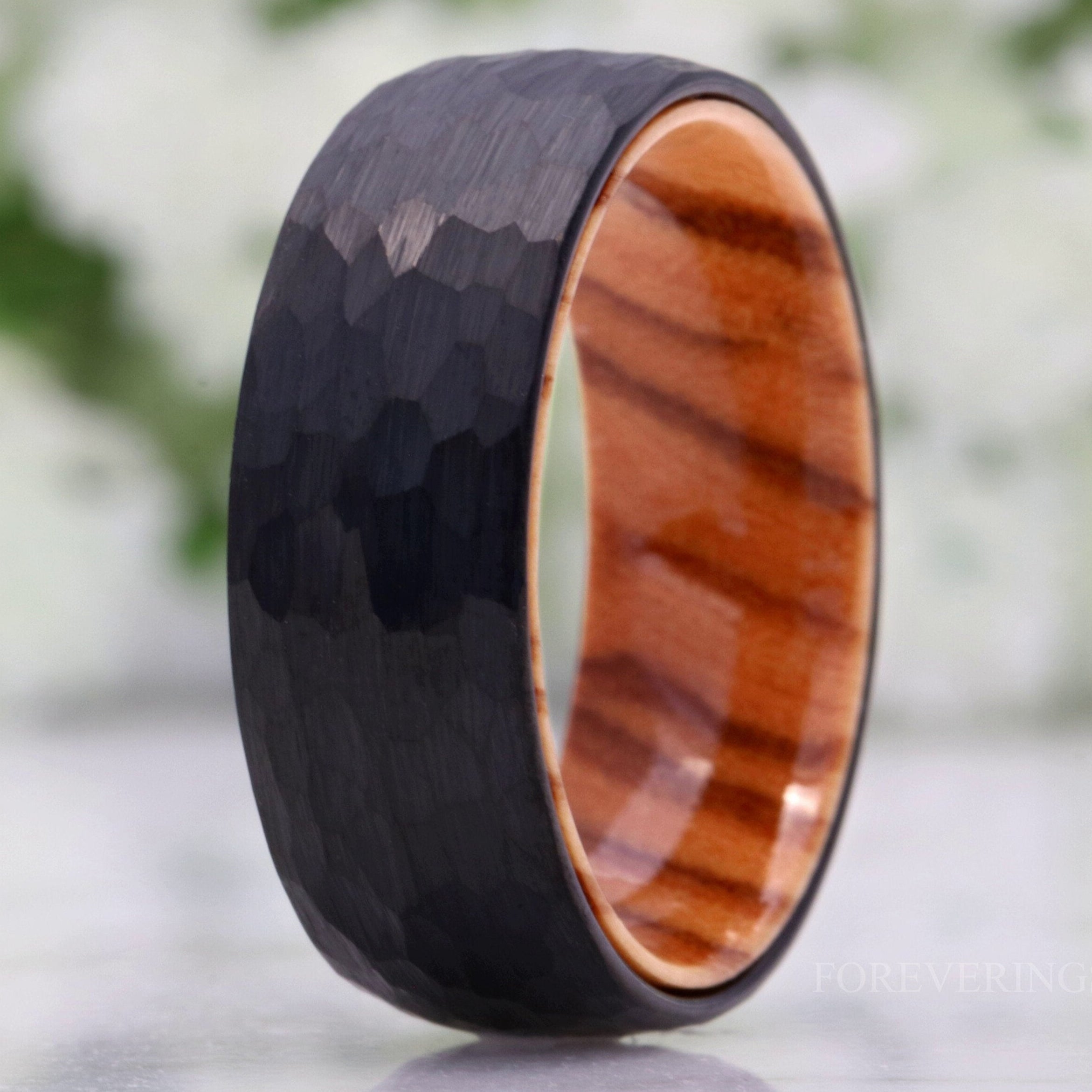Olive Wood and Tungsten Ring, 8mm Mens Wedding Band, Hammered, Brushed Matte, Dome, Comfort Fit