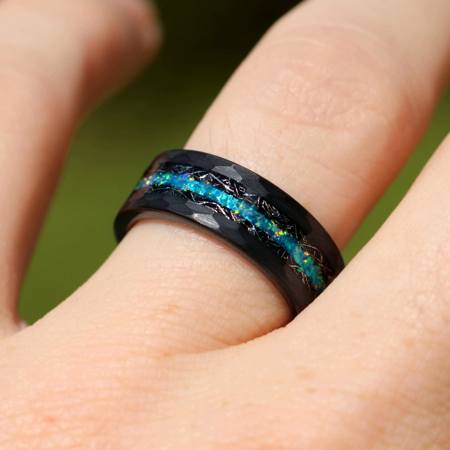 Blue Opal & Black Meteorite | Hammered Black Tungsten Wedding Band | 8mm