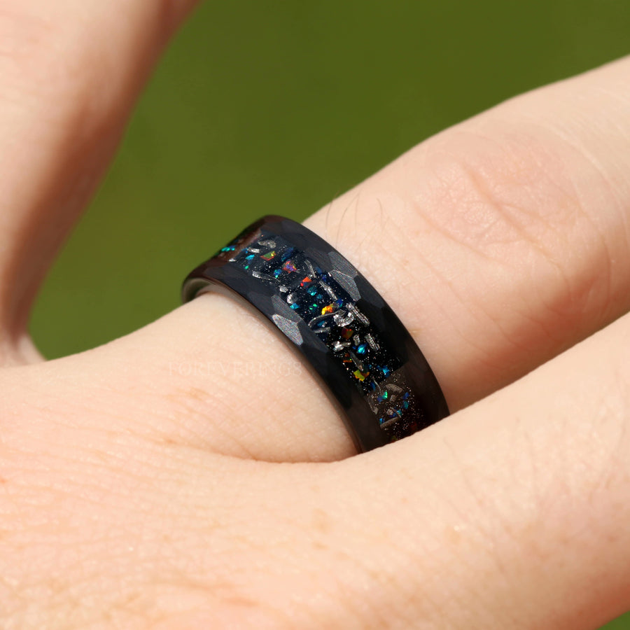 Meteorite Galaxy Opal Wedding Band | Hammered Black Tungsten Ring