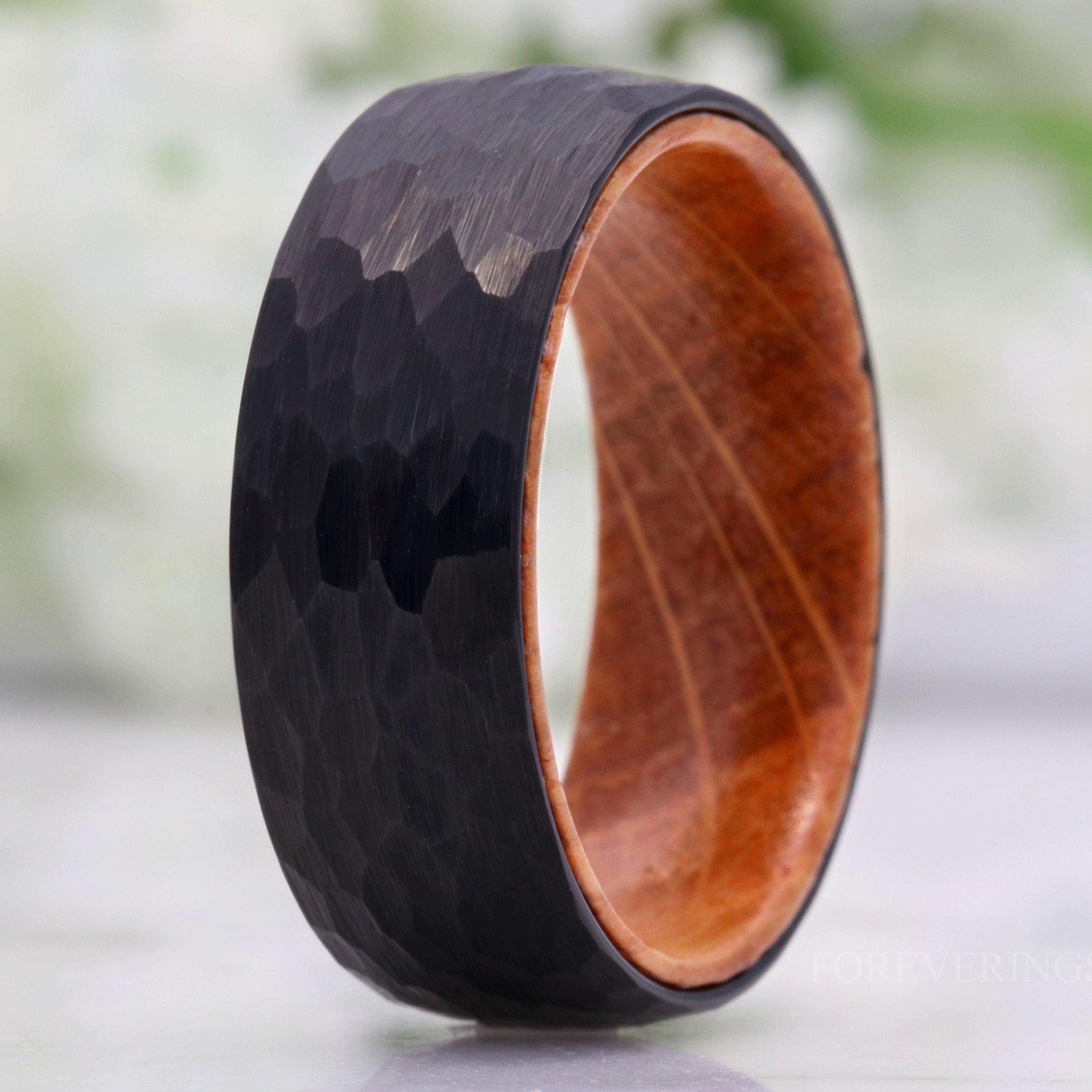 Whiskey Barrel Ring, 8mm Men Tungsten Wedding Band, Hammered, Matte Brushed, Black, Comfort Fit, Domed, Gift for Him