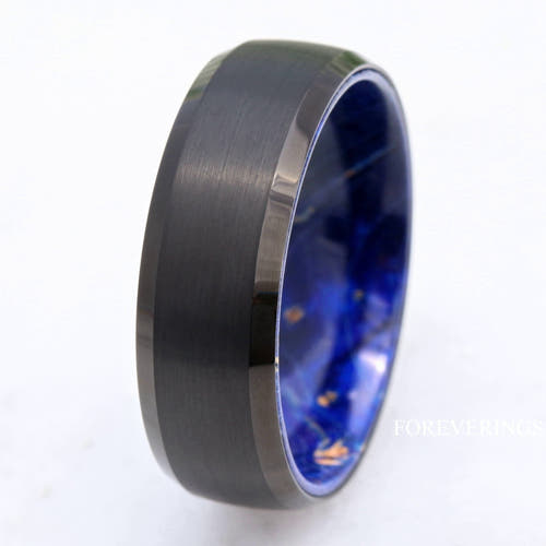 Men's 8mm brushed black tungsten wedding band with a blue elder wood interior, beveled edges
