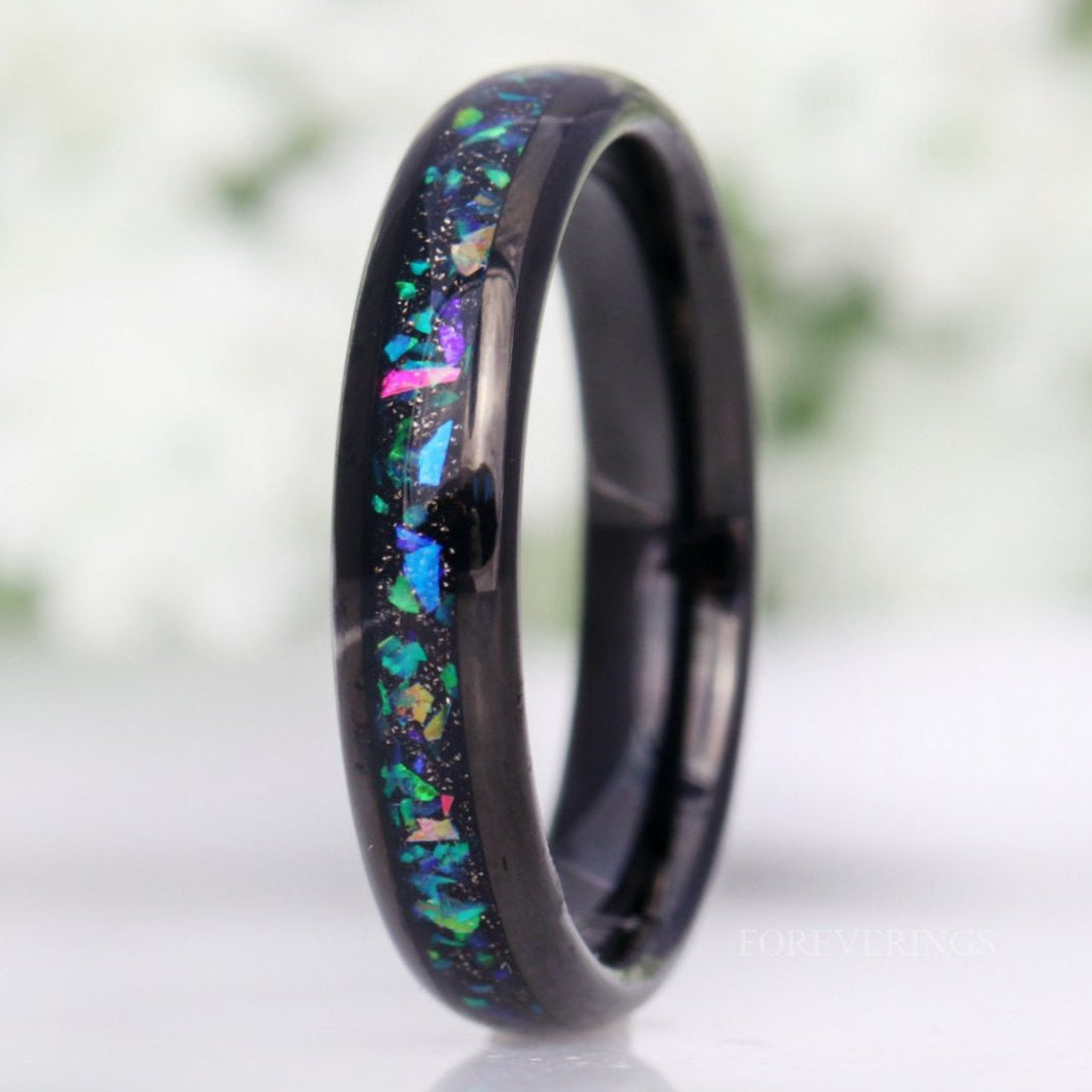 Galaxy Opal Ring, 4mm Tungsten Wedding Band, Women Men Ring, Black Tungsten Ring, Domed, Polished, Comfort Fit, Birthday Anniversary Gift