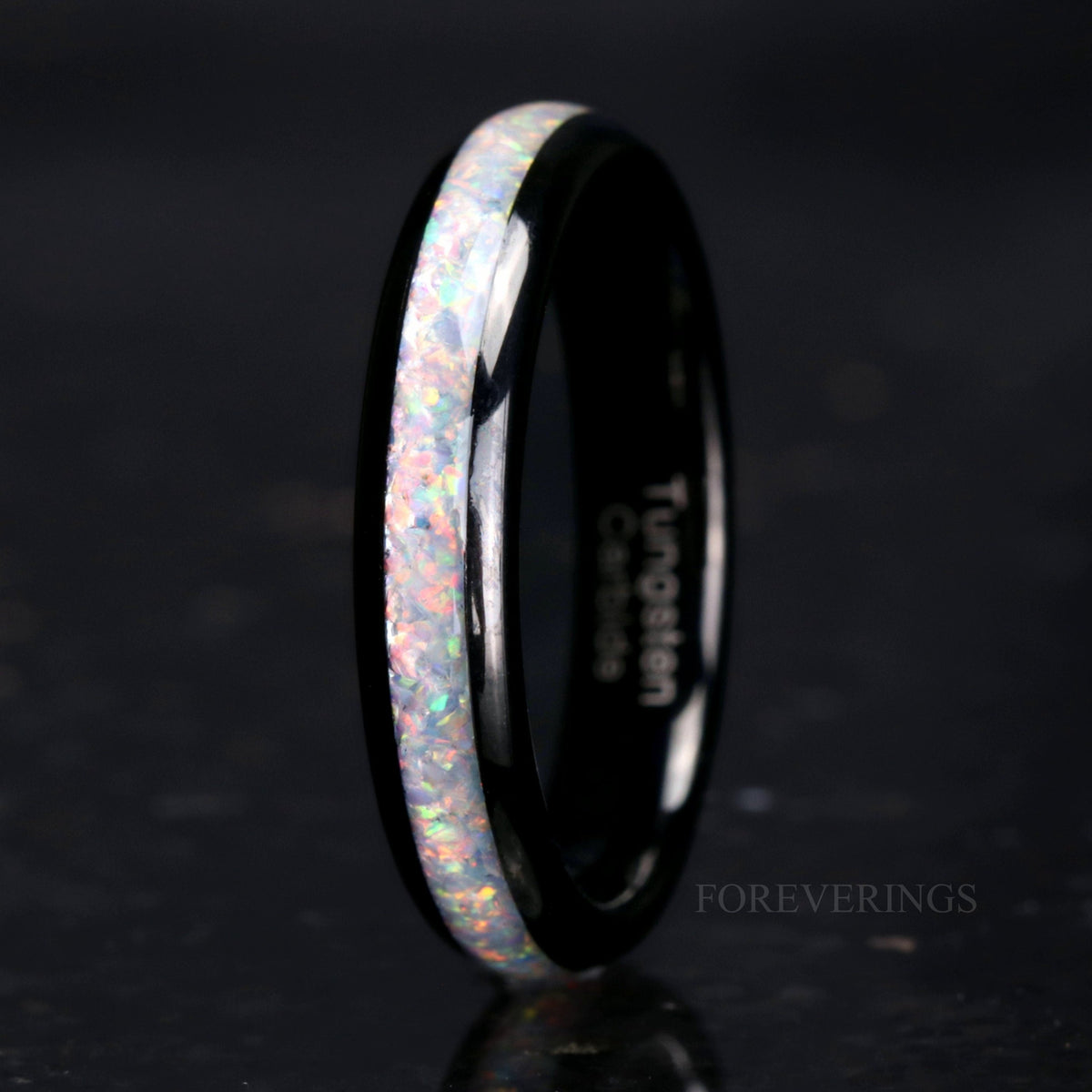 4mm black tungsten ring with crushed white fire opal inlay, polished dome