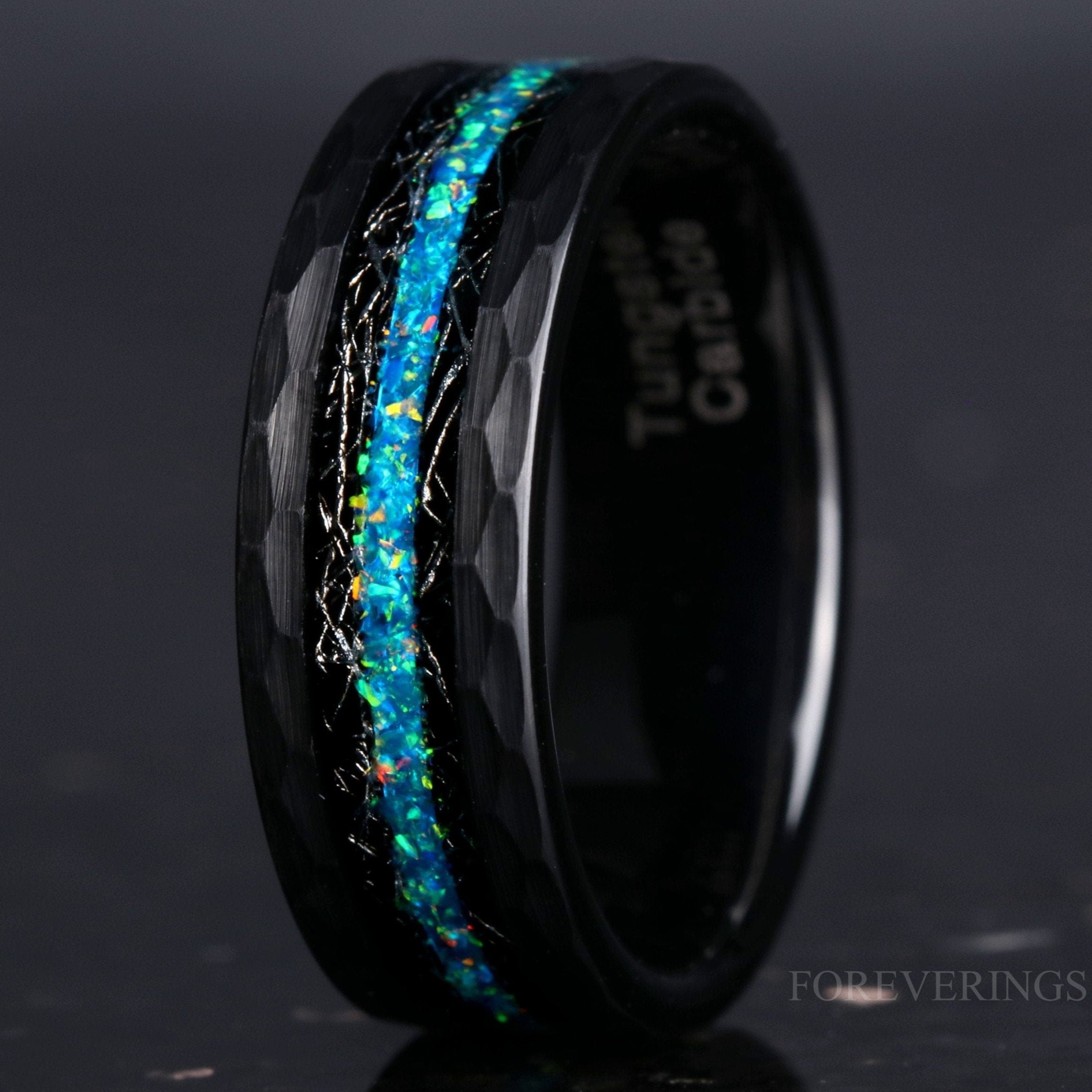 Opal and Meteorite Wedding Band, 8mm Black Tungsten Ring, Hammered, Flat, Matte Brushed, Comfort Fit, Birthday Anniversary Gift for Him