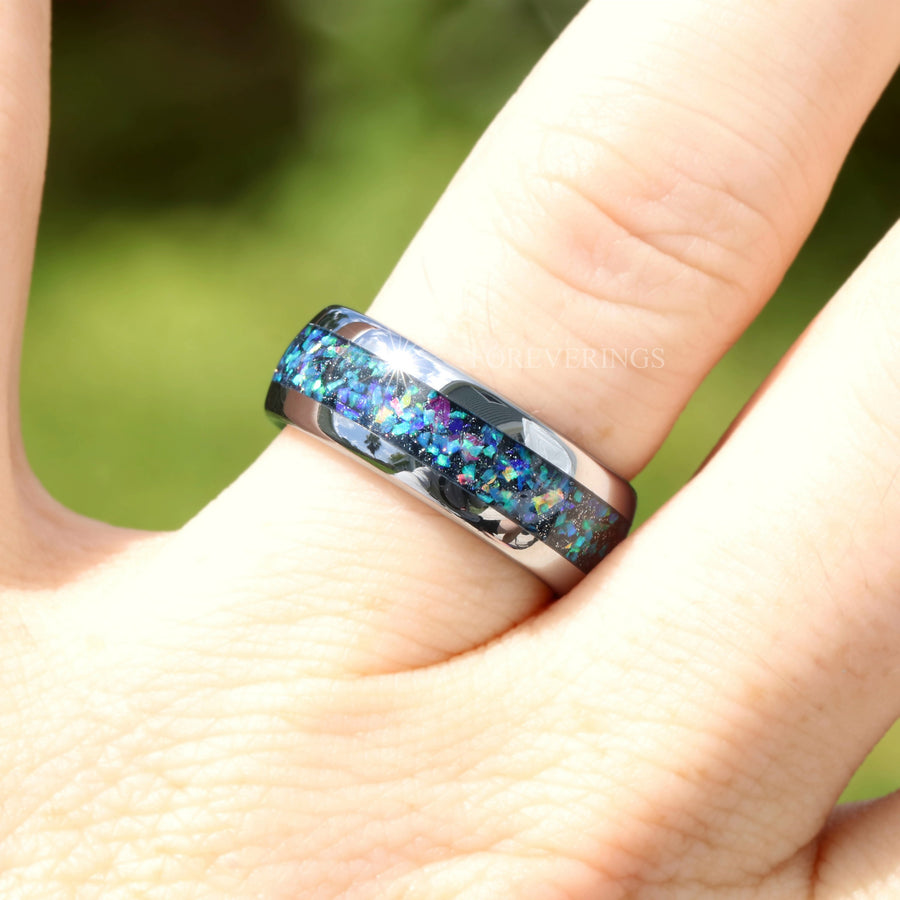 Galaxy Opal Silver Tungsten Ring | Mens Wedding Band