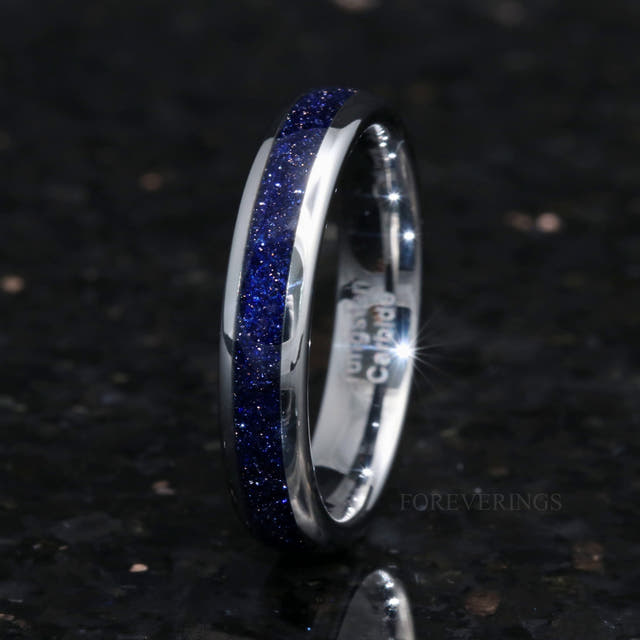 4mm silver tungsten Great Rift ring with blue sandstone, angled to show the interior