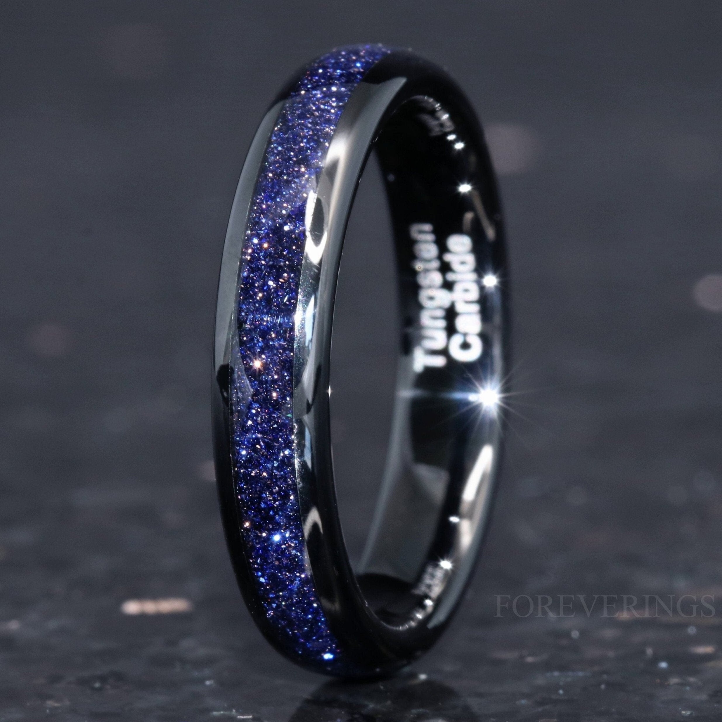 Great Rift Nebula Ring, 4mm Tungsten Wedding Band, Outer Space Ring, Black Ring, Dome, Polish, Comfort Fit, Blue Sandstone Ring