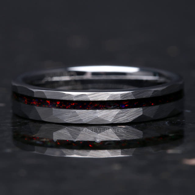 4mm hammered silver tungsten ring with a black fire opal strip shown straight on, reflection below