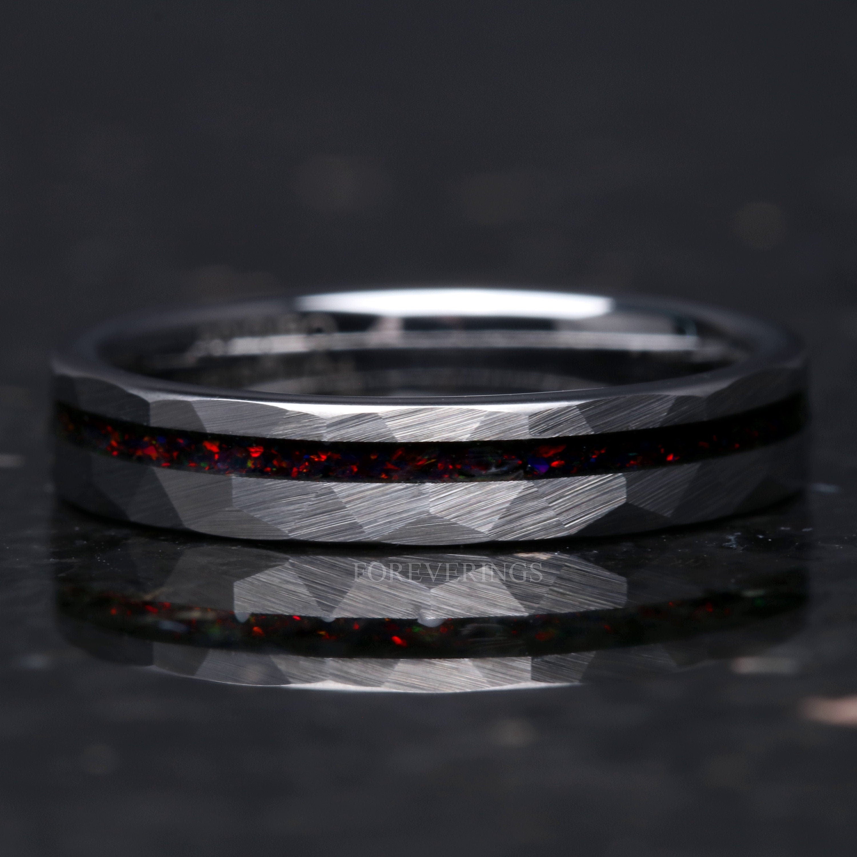 Black Opal Ring, 4mm Silver Tungsten Wedding Band, No Plating, Crushed Black Fire Opal, Men Women, Hammer, Flat, Matte Brushed, Comfort Fit