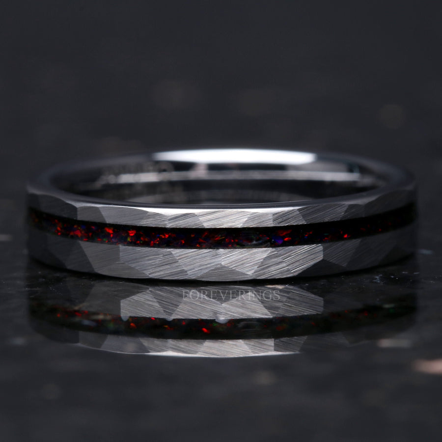 Hammered Black Opal Ring | Tungsten Wedding Band | 4mm