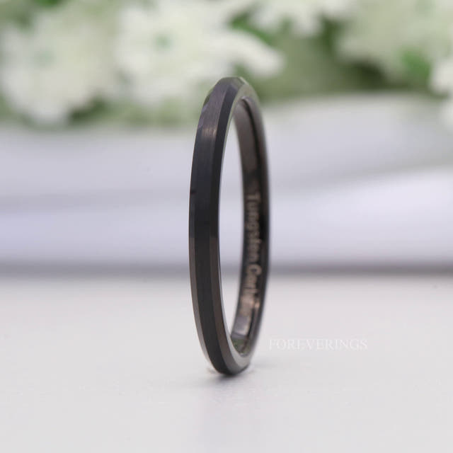 2mm matte black tungsten ring standing on edge, side view