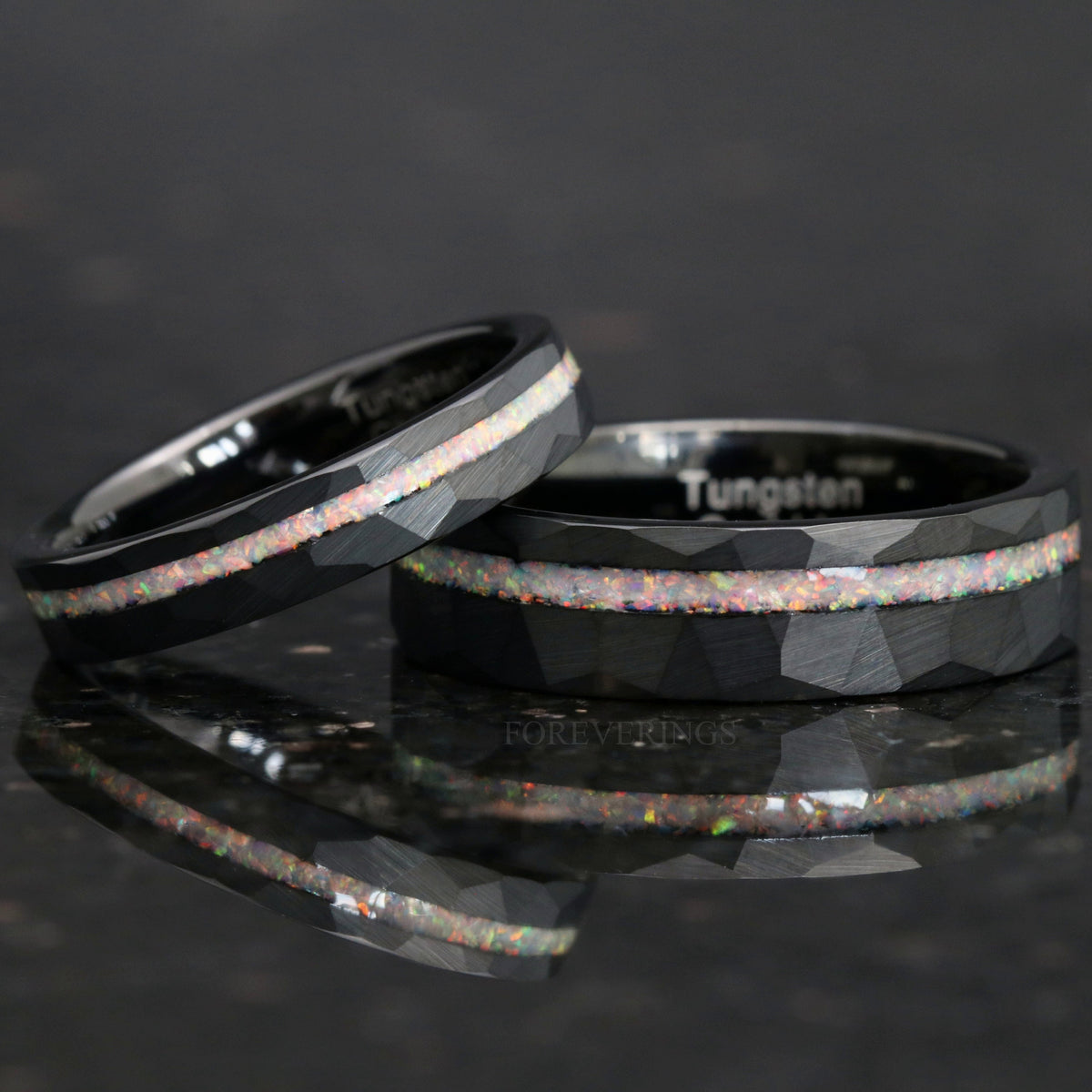Matching hammered black tungsten couples ring set with white fire opal inlay, 6mm and 4mm
