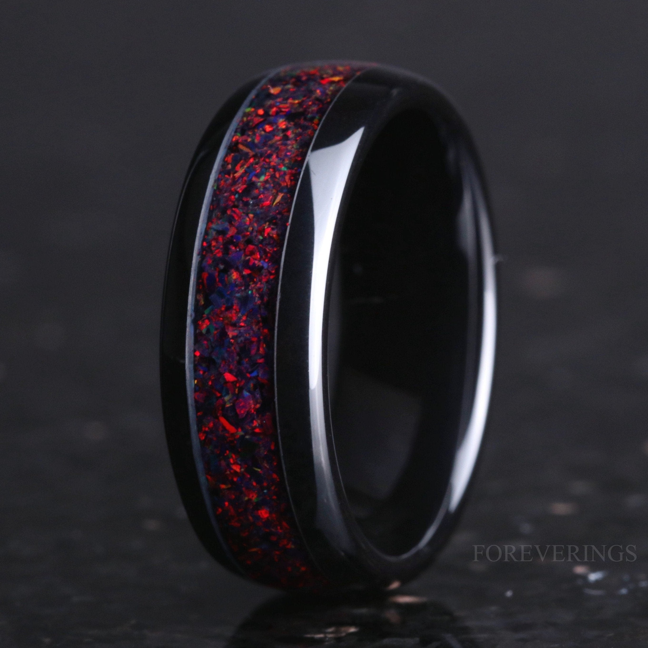 Mens Black Fire Opal Ring, Black Opal Wedding Band, Man Anniversary Gift, Black Ceramic Ring, Polish, Dome, Unique Man Promise Ring, Engrave