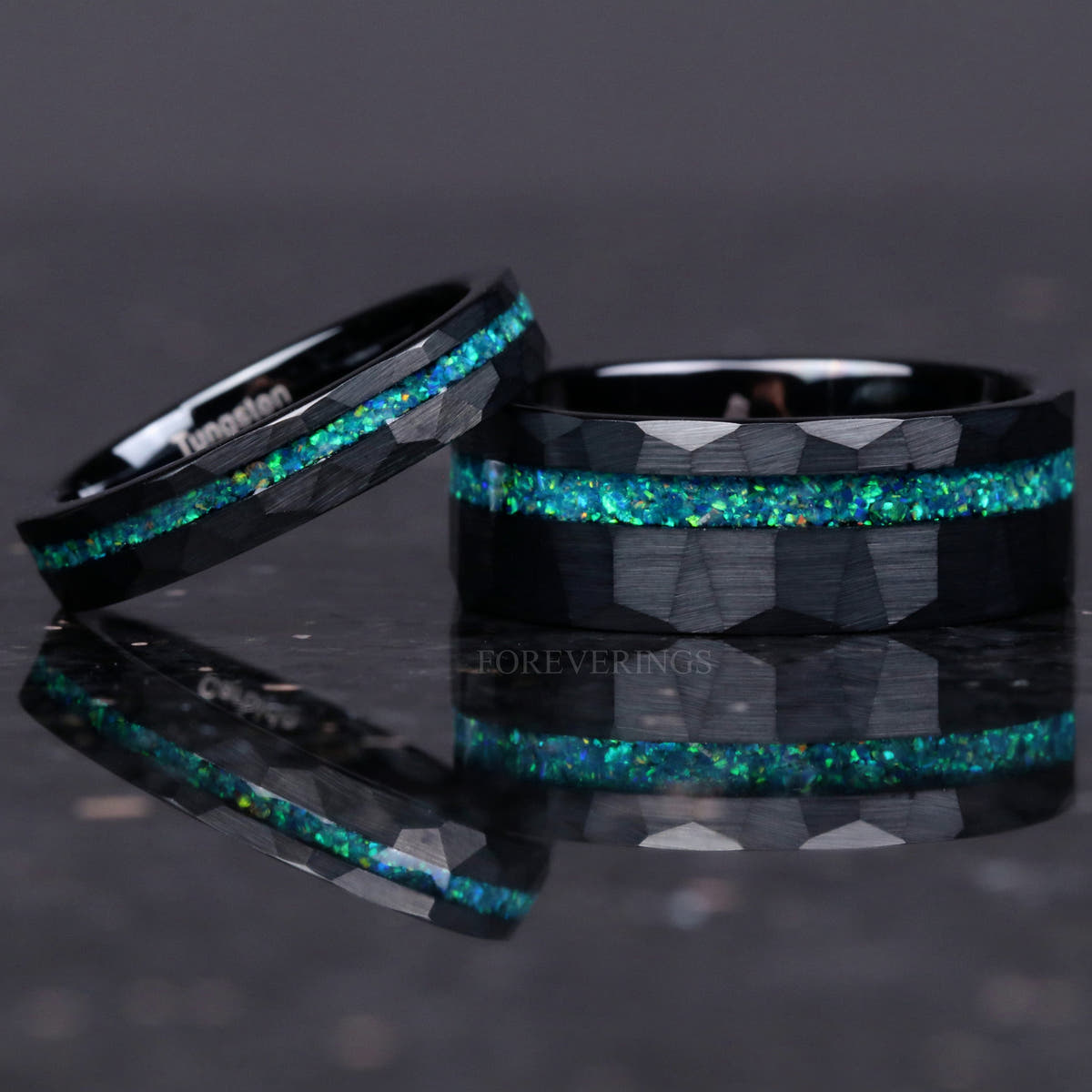 Matching hammered black tungsten couples ring set with green opal inlay, 8mm and 4mm