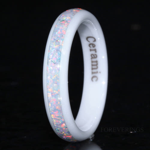 Women's 4mm white ceramic ring with white fire opal inlay, polished dome, standing upright