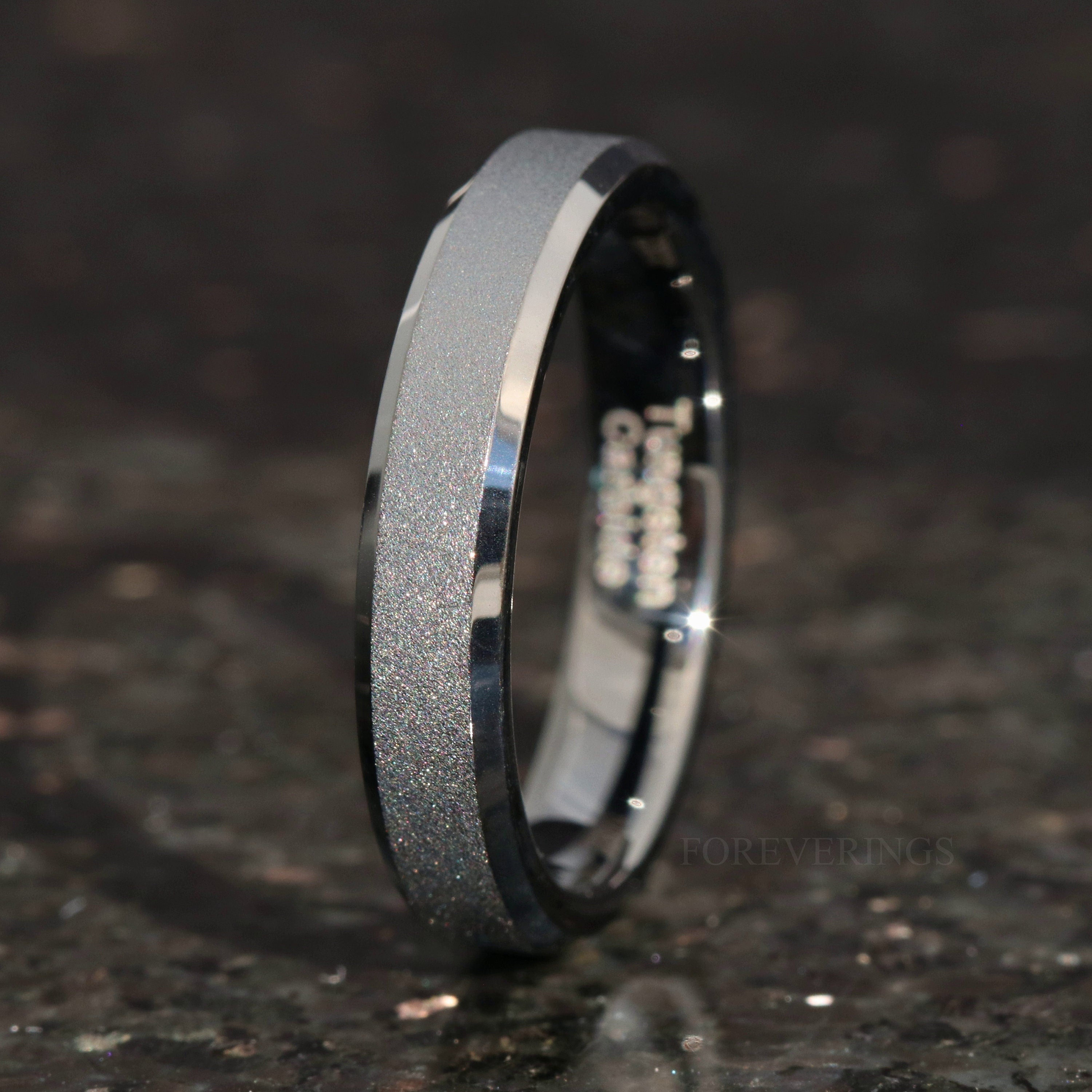 Sandblasted Black Tungsten Wedding Band, 4mm Men Women Ring, Promise Ring, Flat Beveled Ring, Ring Engraving