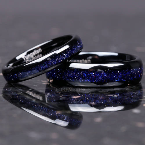 Matching black tungsten couples ring set with blue sandstone inlay, 6mm and 4mm
