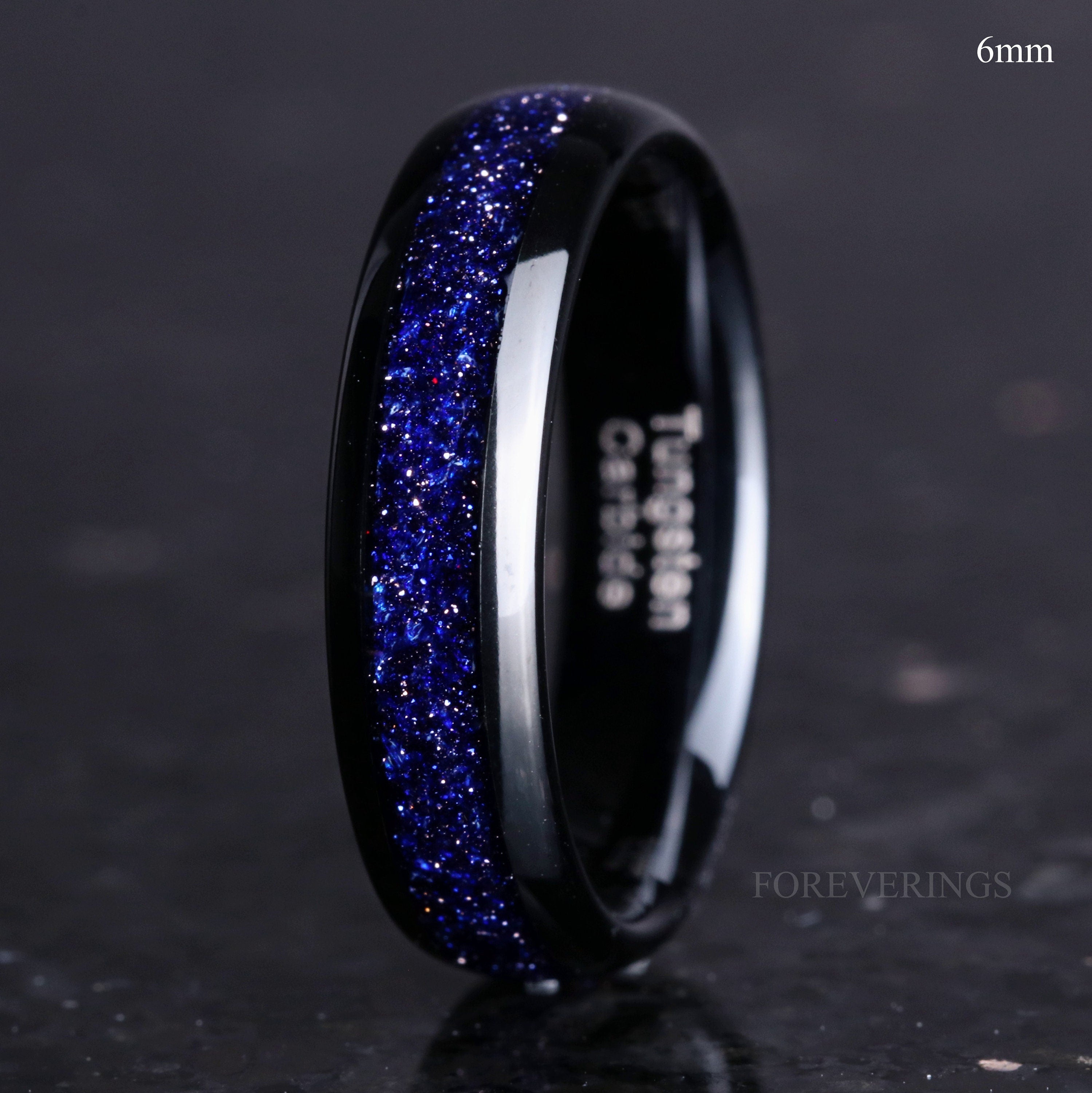 Great Rift Nebula Ring Set, His and Hers Tungsten Wedding Band, 8mm & 6mm Black Ring, Outer Space Couples Ring, Polish, Dome, Blue Sandstone