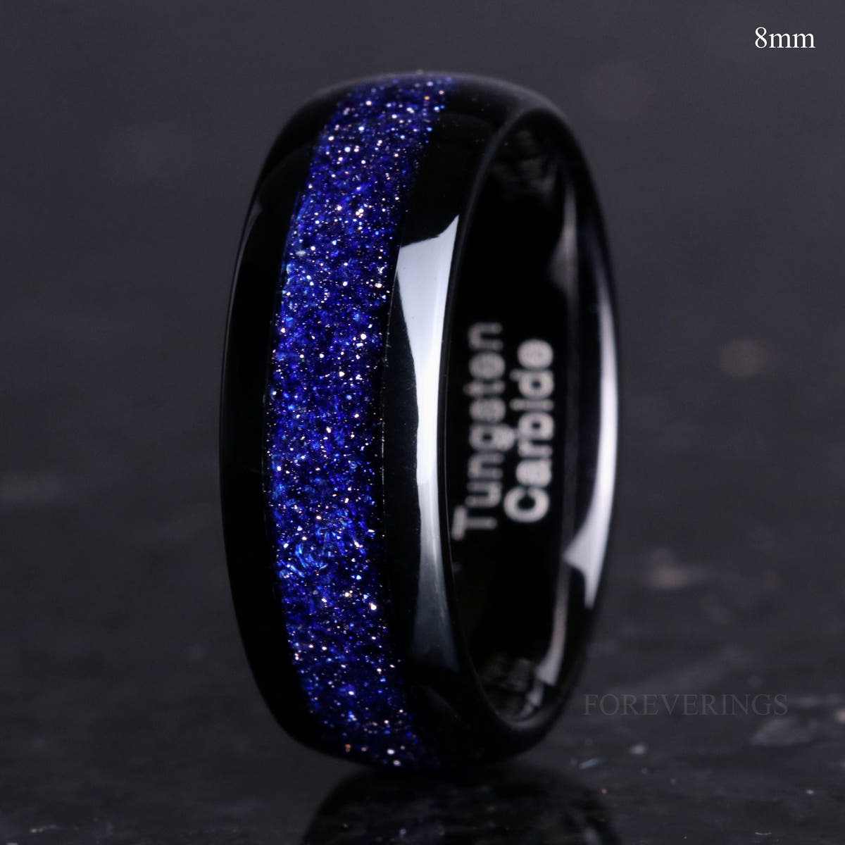 Men's 8mm black tungsten wedding band with Great Rift blue sandstone inlay, labeled 8mm