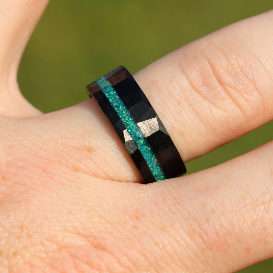 Crushed Green Opal Black Tungsten Ring | Mens Hammered Wedding Band
