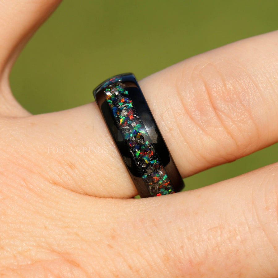 Meteorite and Galaxy Opal Inlay Black Tungsten Band | Men's 6mm 8mm Ring