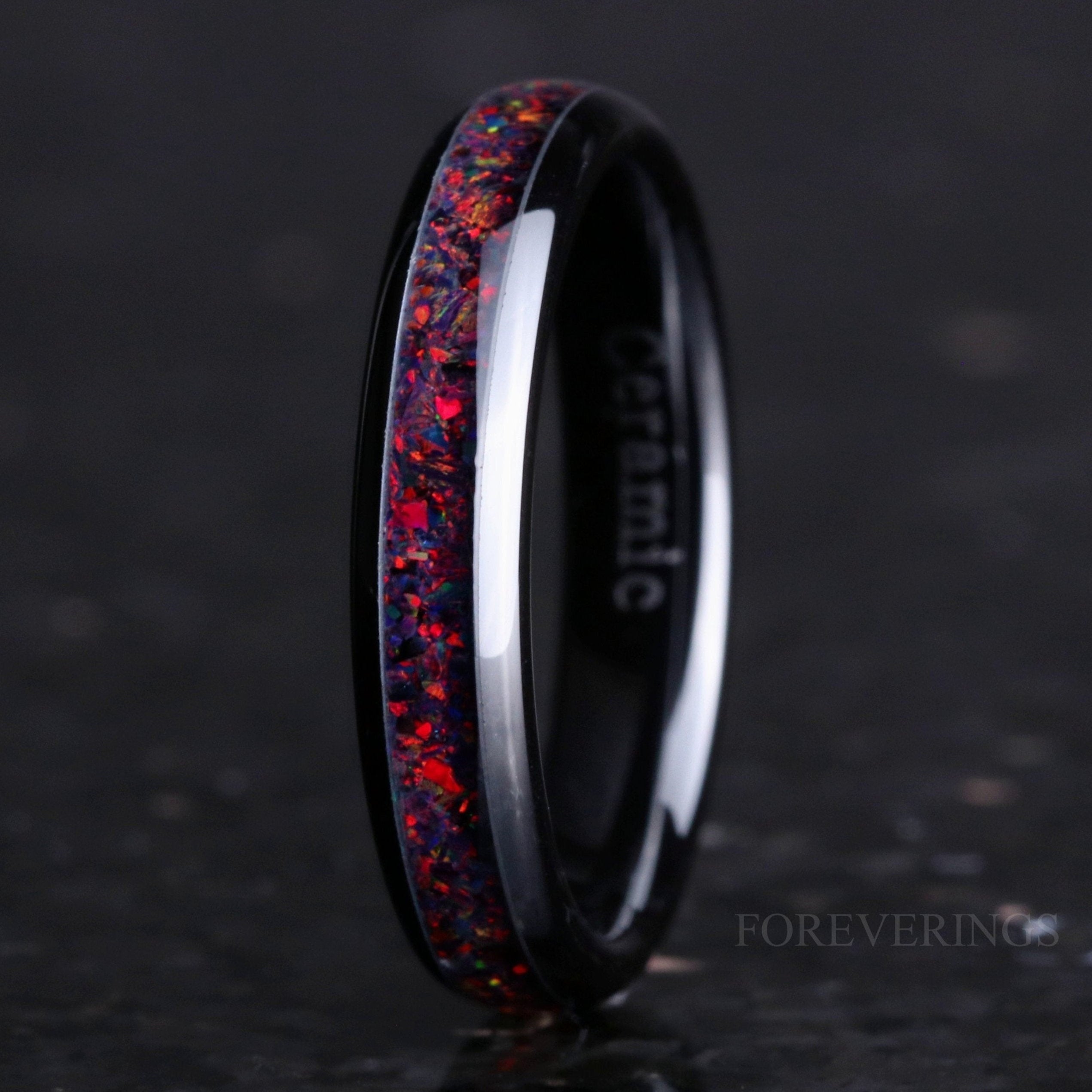 Crushed Black Fire Opal Ring, 4mm Black Ceramic Wedding Band, Women Men Ring, Black Opal Ring, Dome, Polish, Comfort Fit