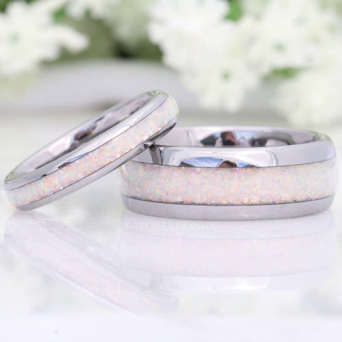 Matching silver tungsten couples ring set with white fire opal inlay, 8mm and 4mm