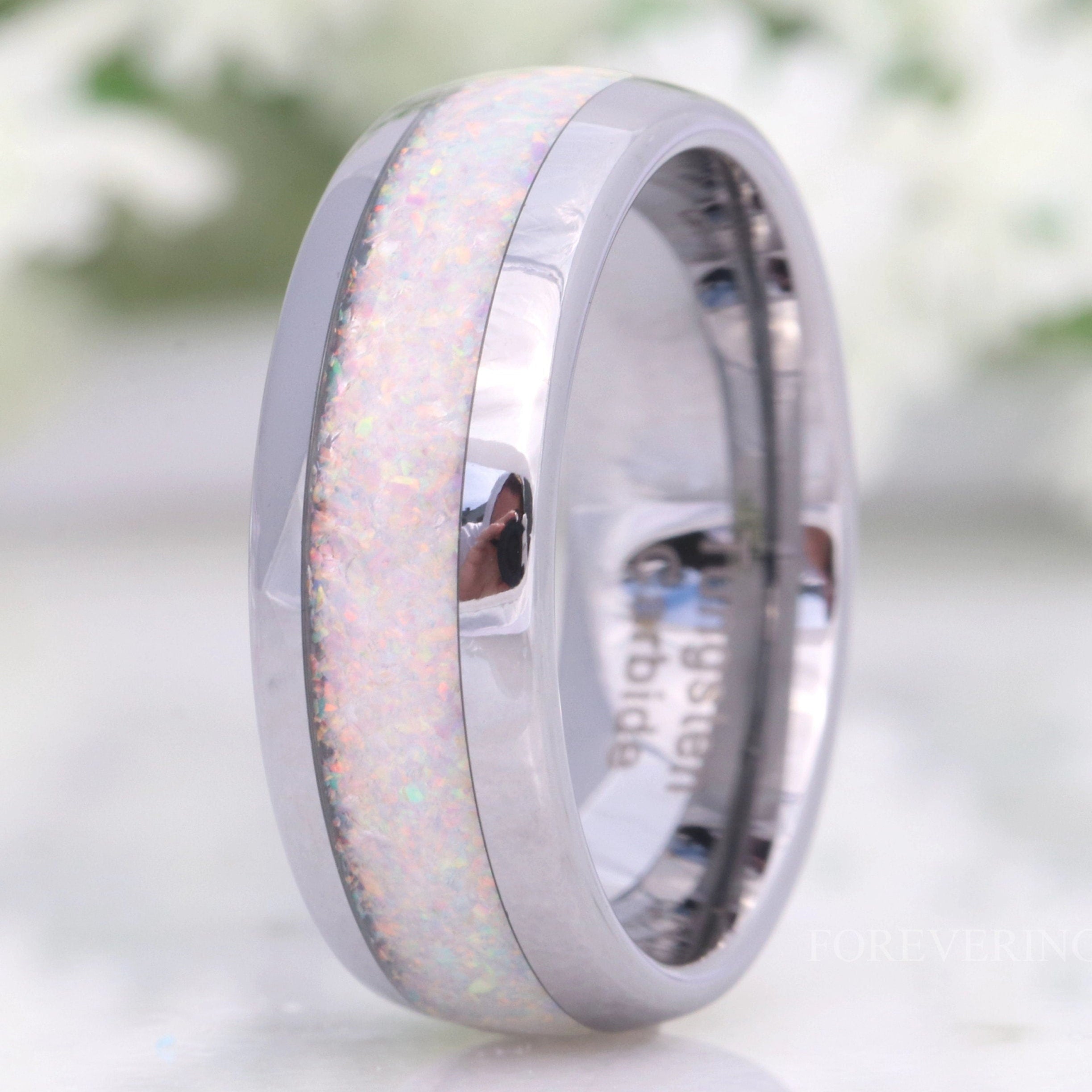 8mm White Fire Opal Ring, Silver Tungsten Ring, Men Wedding Band, Crushed White Opal, Polished, Dome, Comfort Fit, Unique Ring