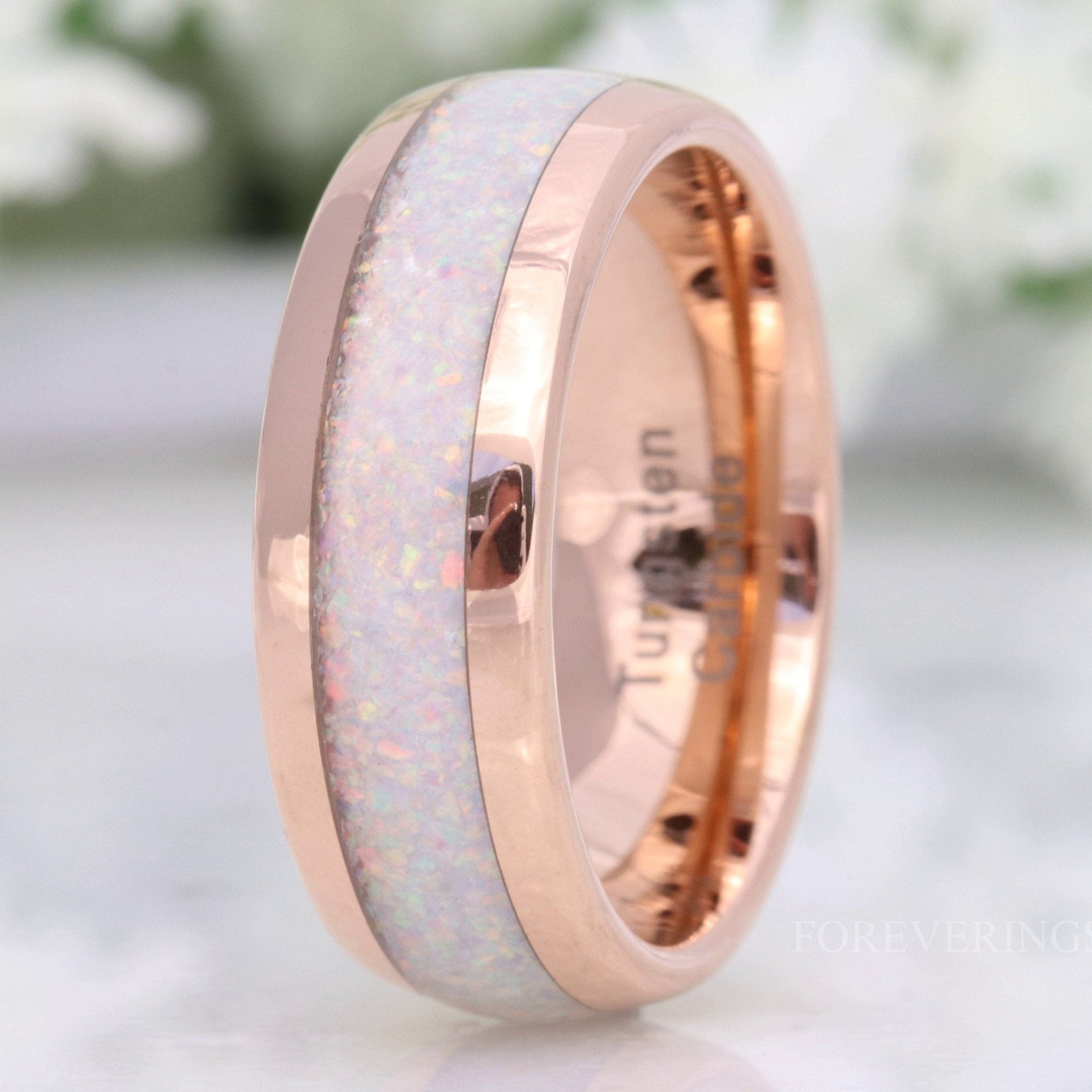 8mm White Fire Opal Ring, Rose Gold Tungsten Ring, Men Wedding Band, Crushed White Opal, Polished, Dome, Comfort Fit, Unique Ring