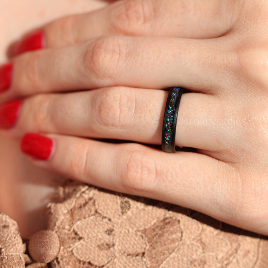Meteorite Wedding Band | Gibeon Fire Opal Black Tungsten 4mm