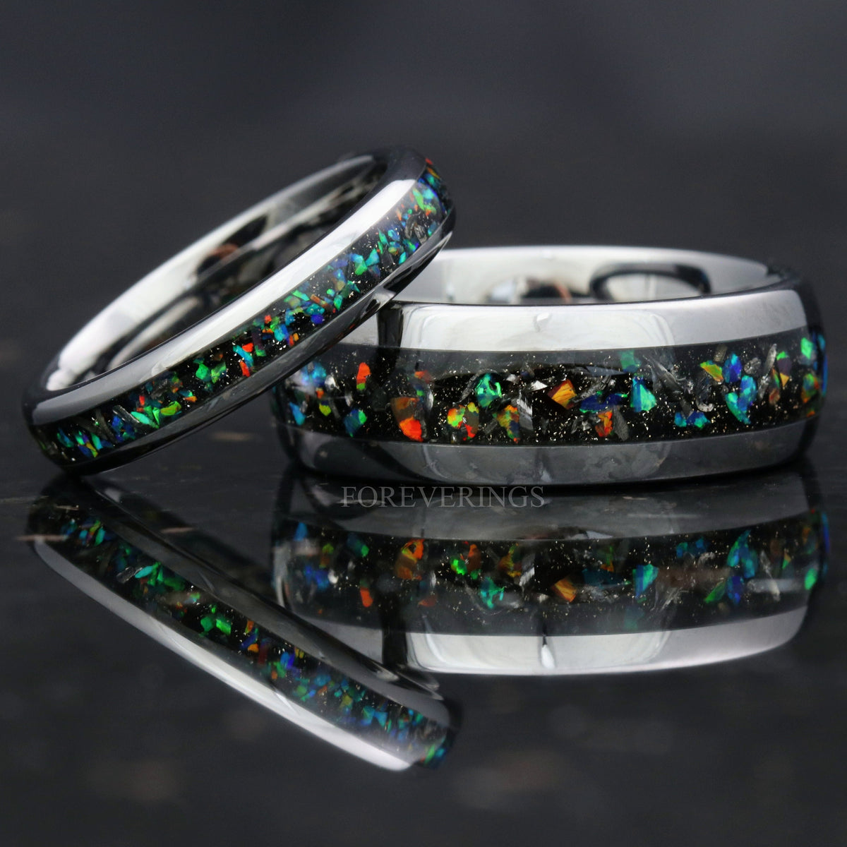 Matching silver tungsten couples ring set with meteorite and galaxy opal inlay, 8mm and 4mm