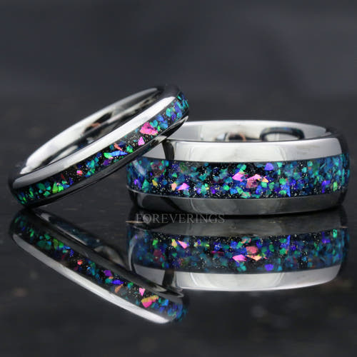 Matching silver tungsten couples ring set with galaxy opal inlay, 8mm and 4mm