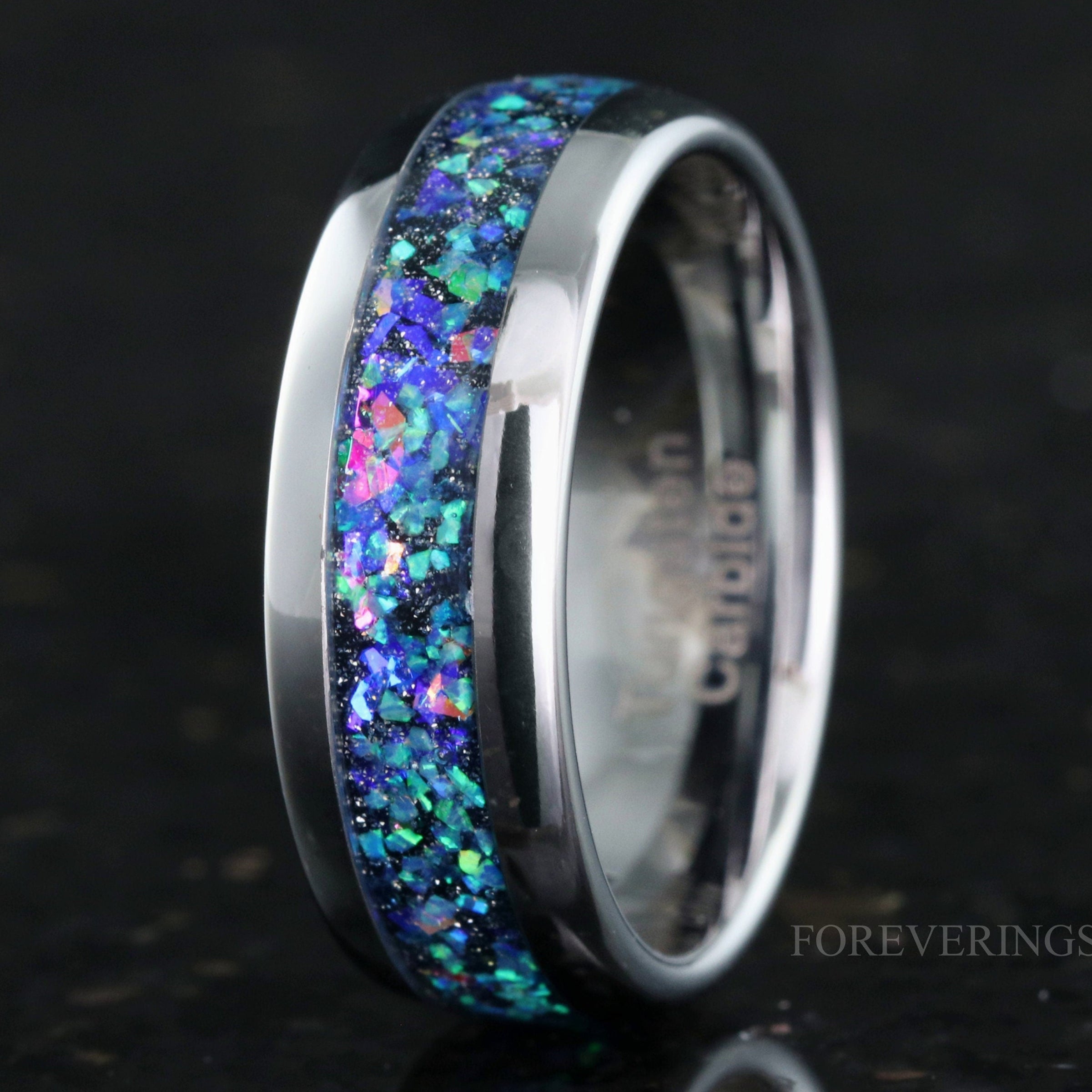 Galaxy Opal Ring, Men Tungsten Wedding Band, 8mm Silver Tungsten Ring, Domed, Polished, Comfort Fit, Birthday Anniversary Gift for Him