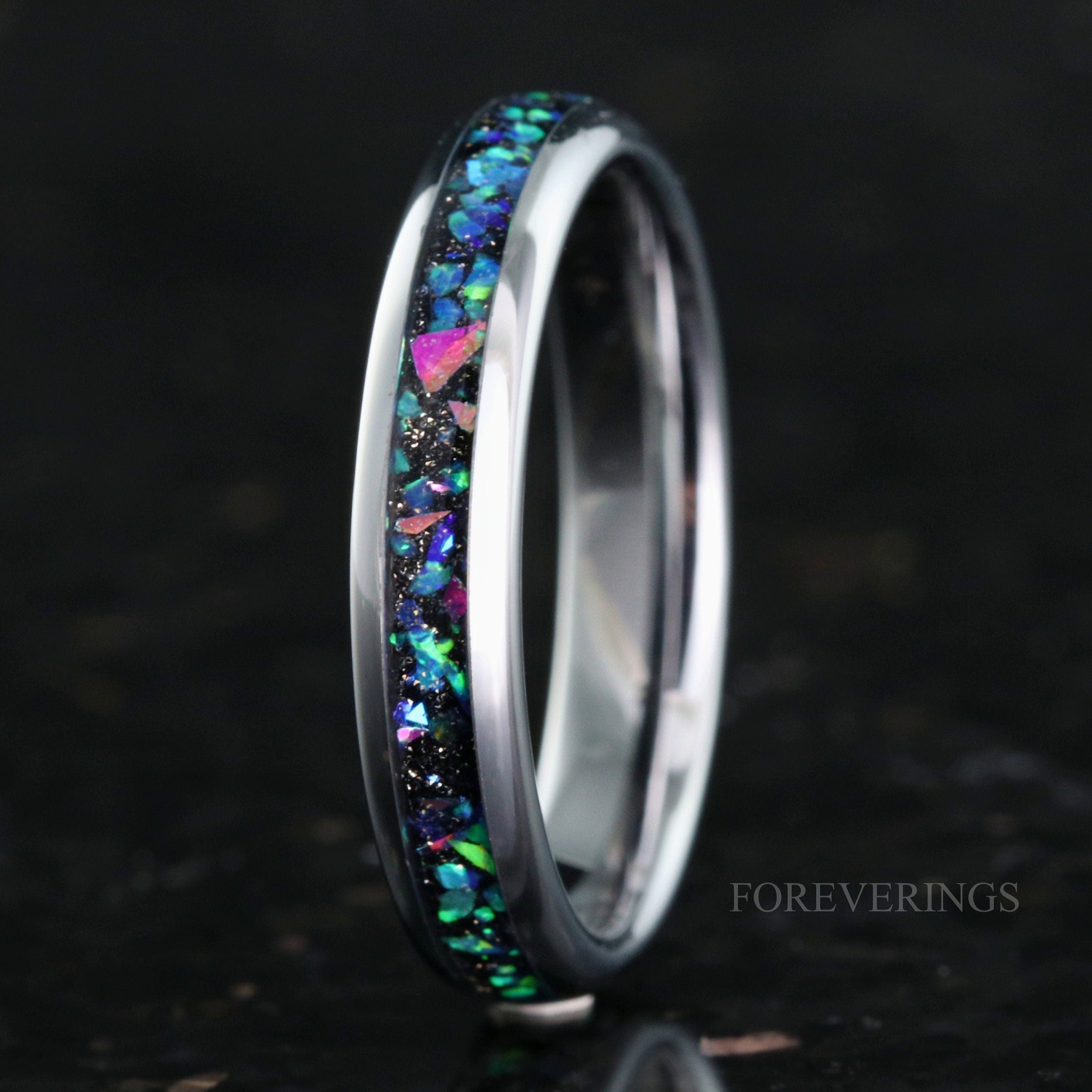 Galaxy Opal Wedding Band, Woman Tungsten Ring, 4mm Celestial Ring, Dome Round, Polished, Smooth, Silver Opal Tungsten Ring, Engraving