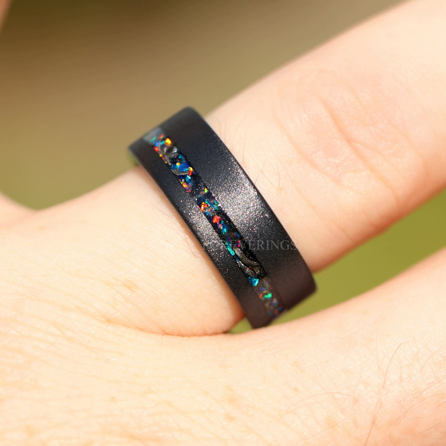Meteorite and Opal Black Tungsten Band | Mens Wedding Ring | 8mm