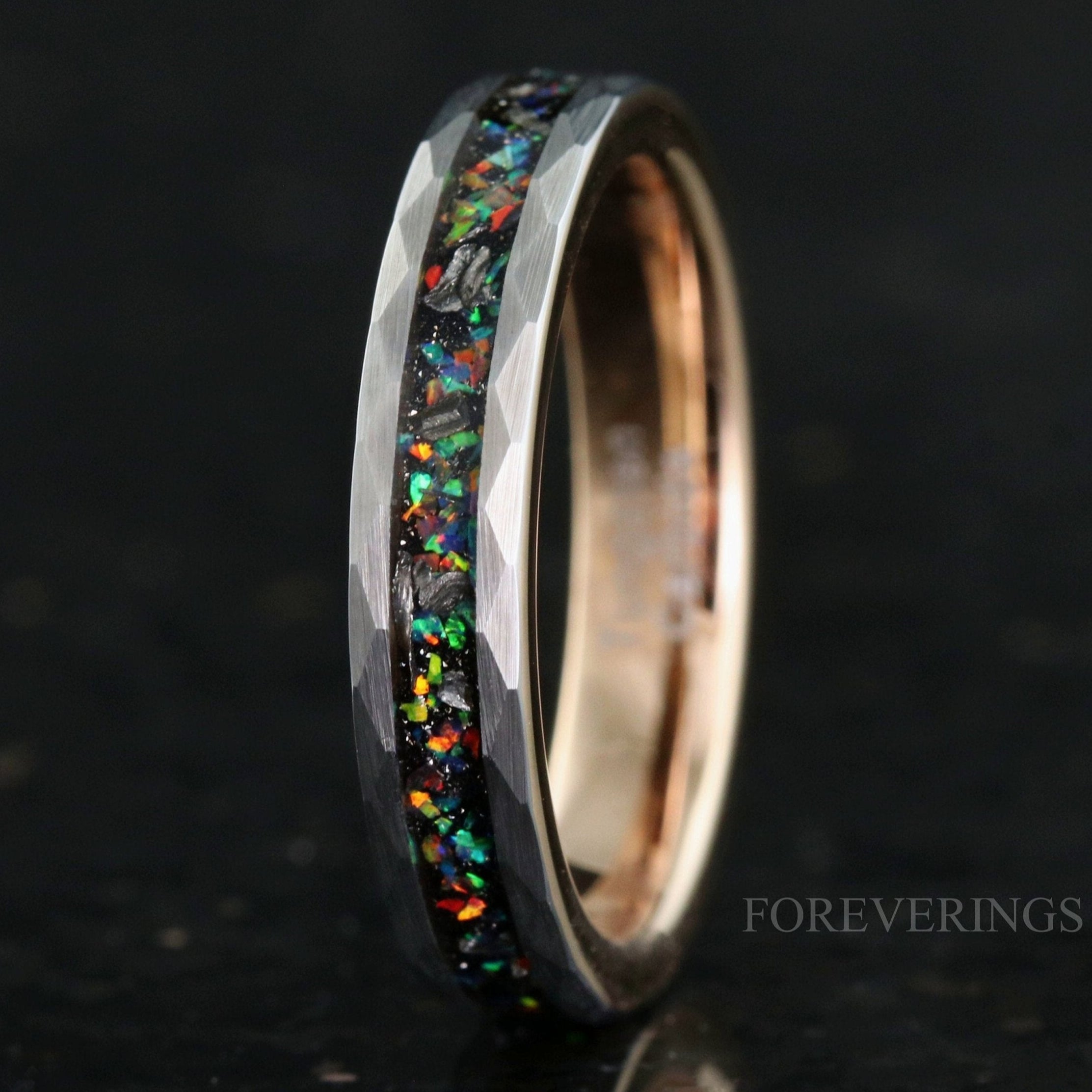 Meteorite and Galaxy Opal Wedding Band, 4mm Rose Gold Plated Tungsten Ring, Hammered, Flat, Matte Brushed, Comfort Fit, Women Men Ring