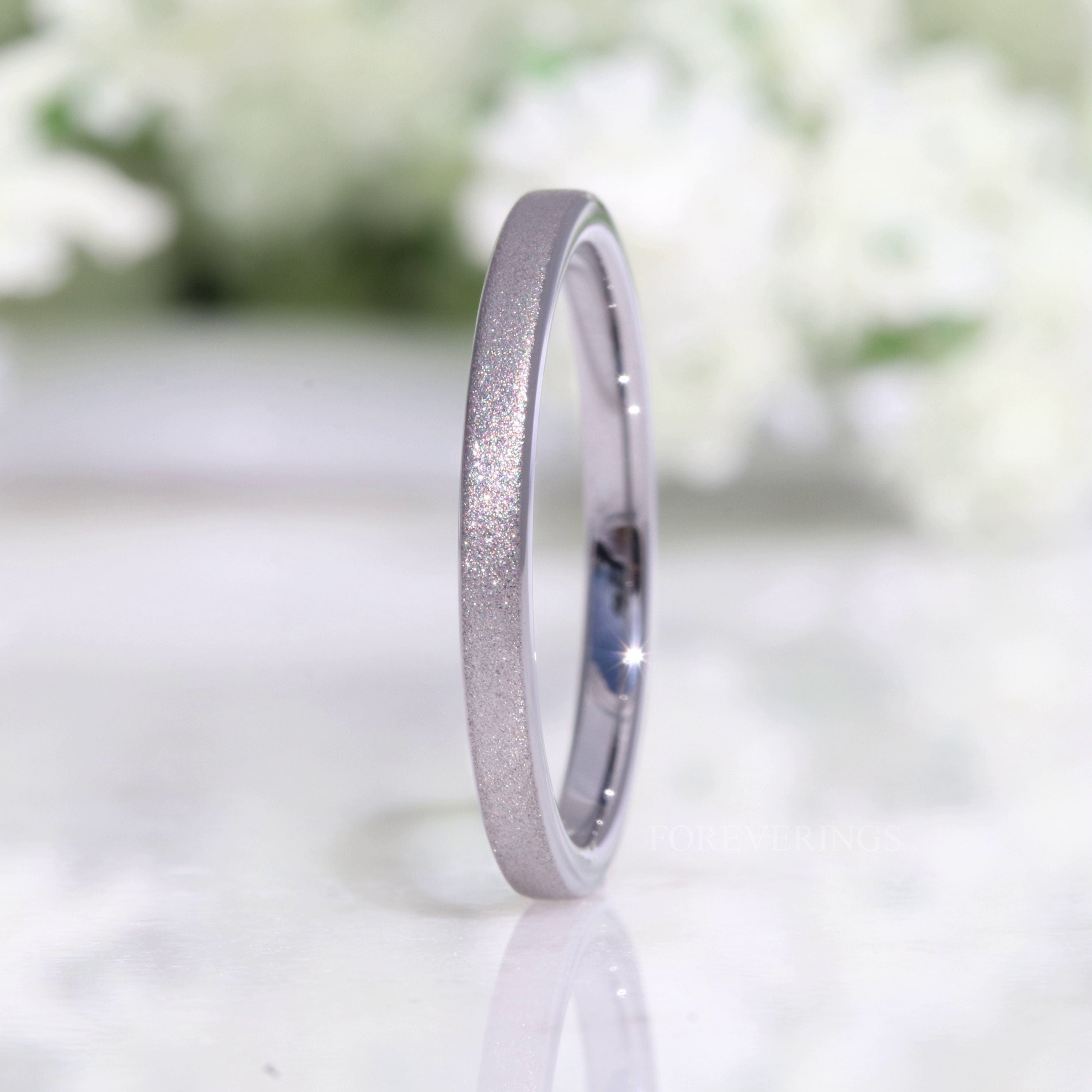 Flat Silver Sandblasted Tungsten Ring, 2mm Womens Wedding Band, Simple and Unique Sparkling Band, Thin Silver Ring, Custom Engraved Ring