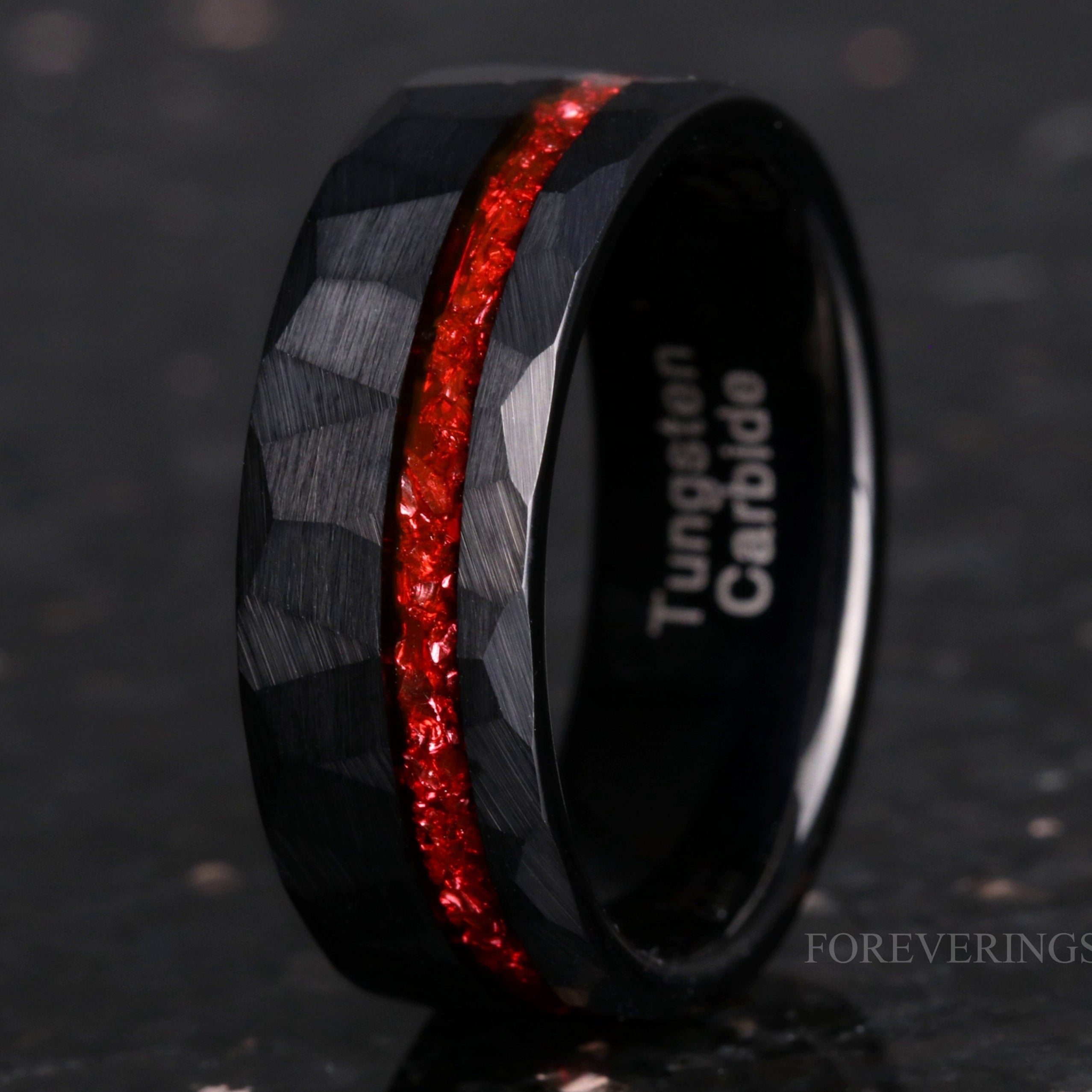 8mm Men Tungsten Wedding Band, Crushed Red German Glass Stones, Black Tungsten Ring, Hammered, Flat, Matte Brushed, Comfort Fit